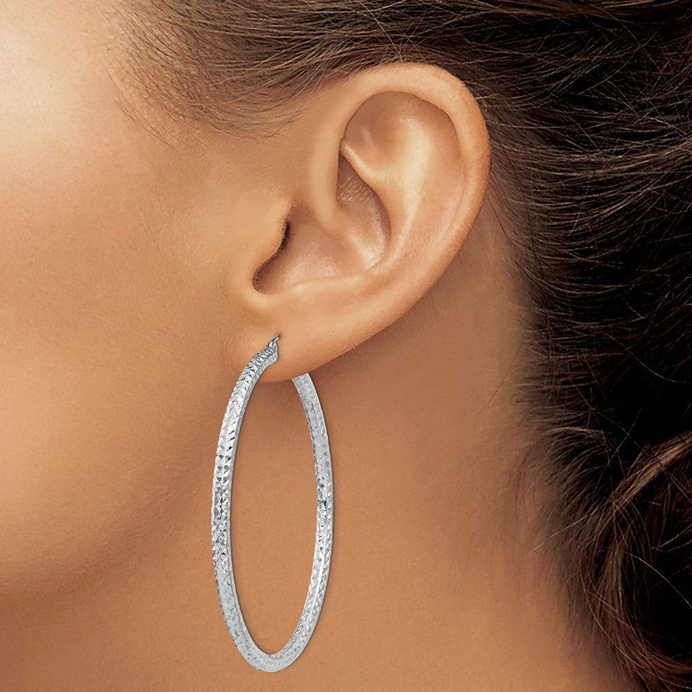 Sterling Silver Rhodium-plated D/C 3x55mm Hoop Earrings