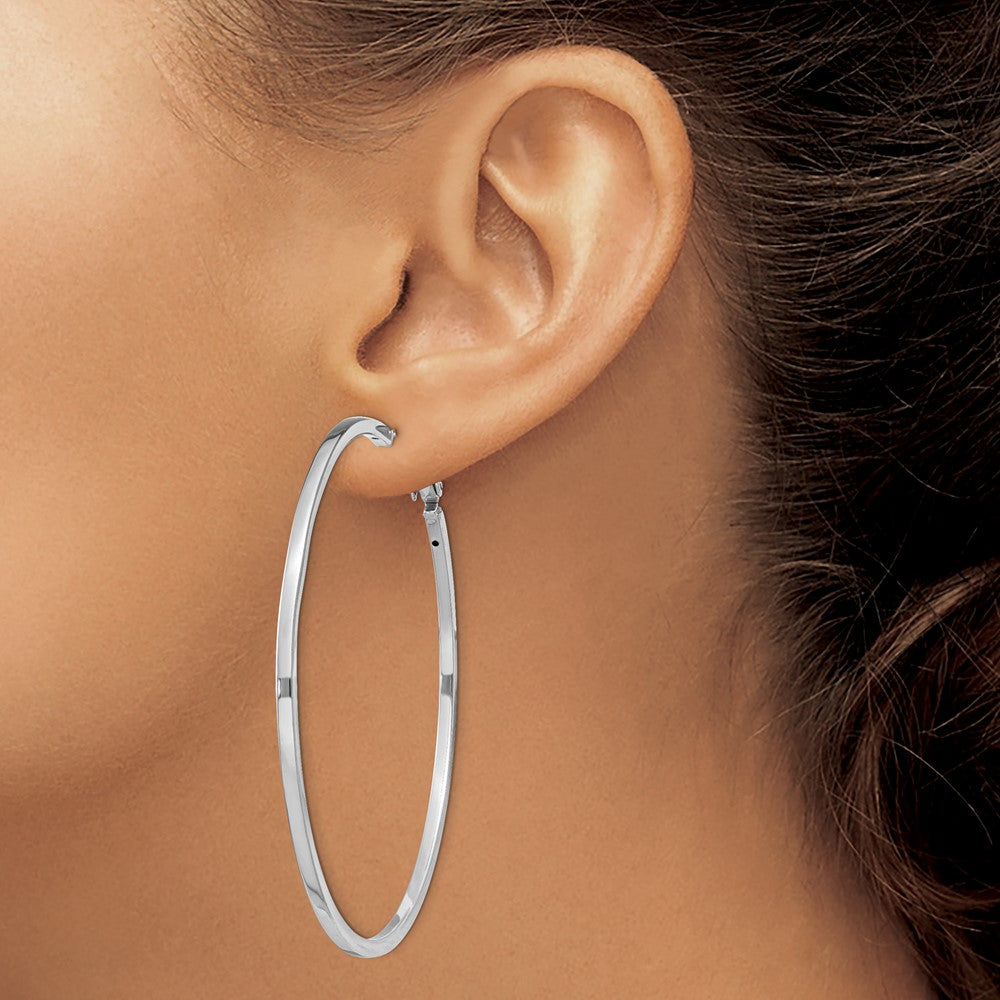 Sterling Silver RH-plated 2x60mm Omega Back Round Hoop Earrings