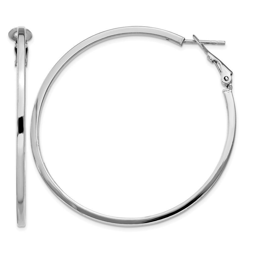 Sterling Silver RH-plated 2x50mm Omega Back Round Hoop Earrings