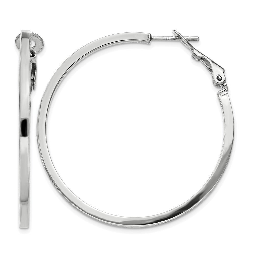 Sterling Silver RH-plated 2x40mm Omega Back Round Hoop Earrings