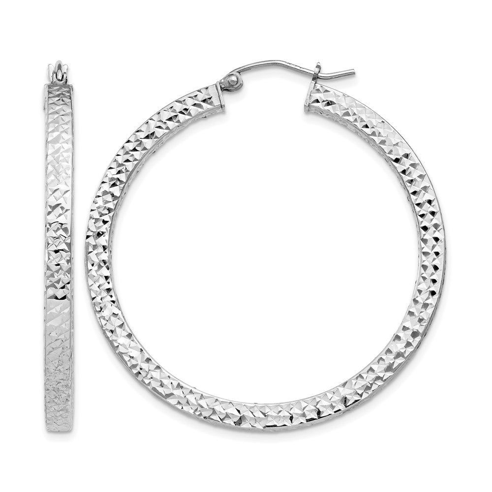 Sterling Silver Rhodium-plated Diamond-cut 3x40mm Square Tube Hoop Earrings