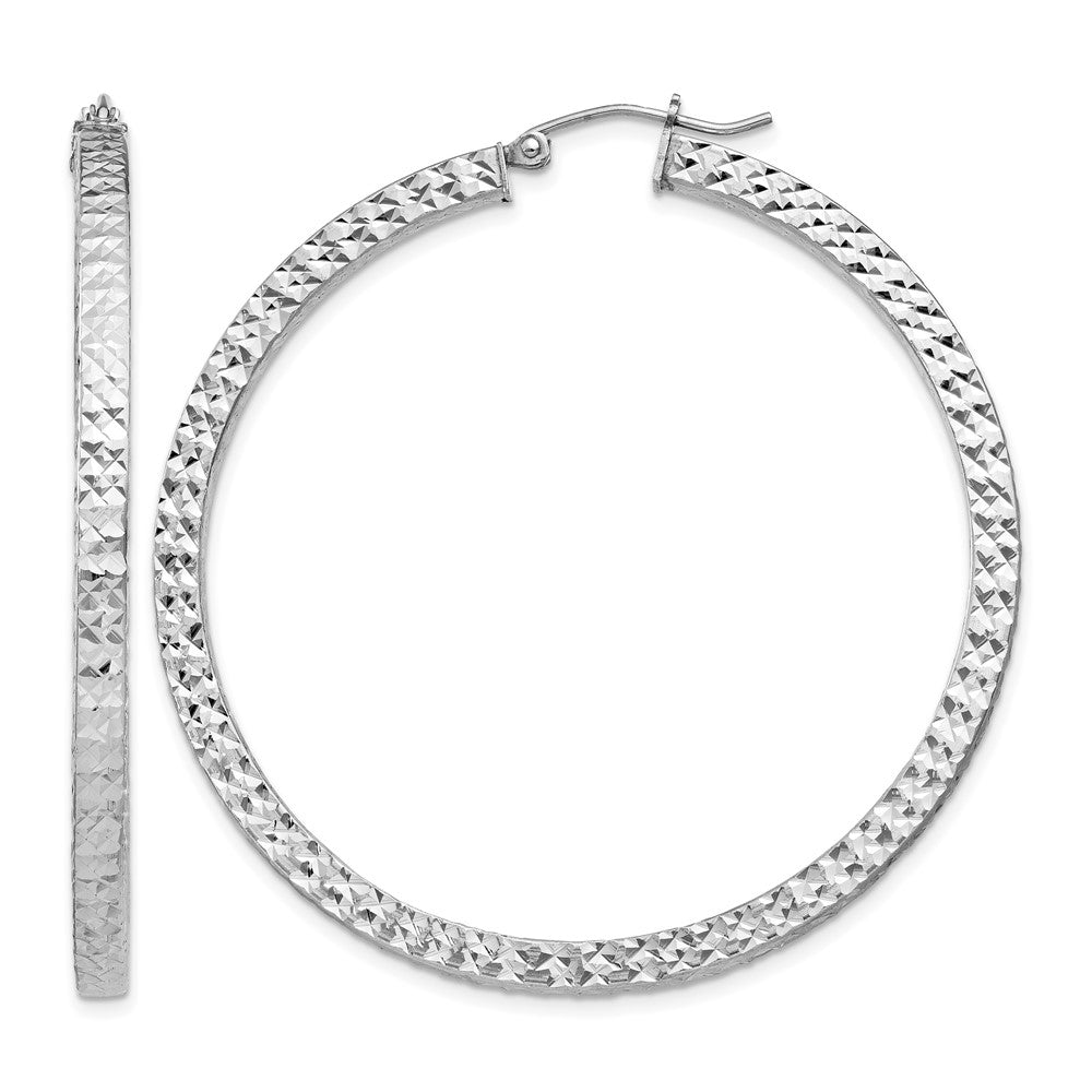 Sterling Silver Rhodium-plated Diamond-cut 3x50mm Square Tube Hoop Earrings