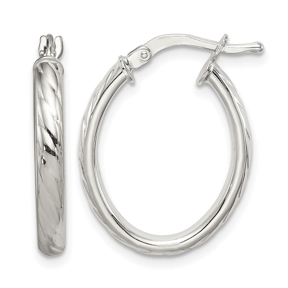 Sterling Silver Rhod-plated Textured 3mm Hollow Oval Hoop Earrings