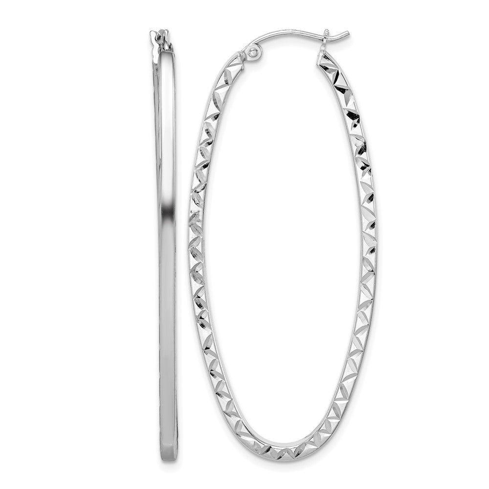 Sterling Silver Rhodium-plated Diamond-cut 2mm Oval Hoop Earrings