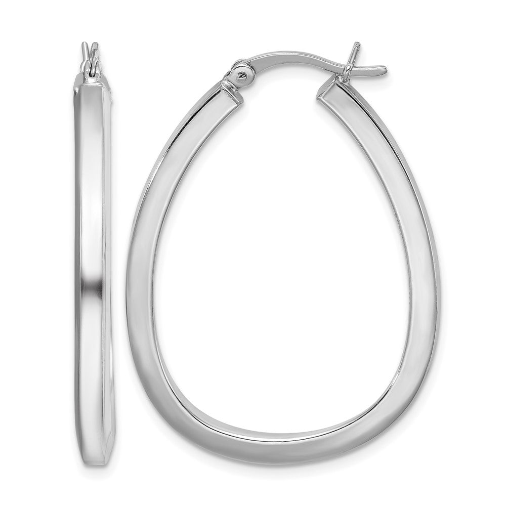 Sterling Silver Rhod-plated Square Tube 4mm Teardrop Hoop Earrings