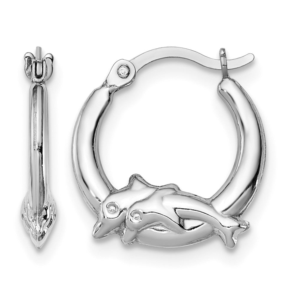 Sterling Silver Rhodium-plated Polished Dolphin Round Hoop Earrings