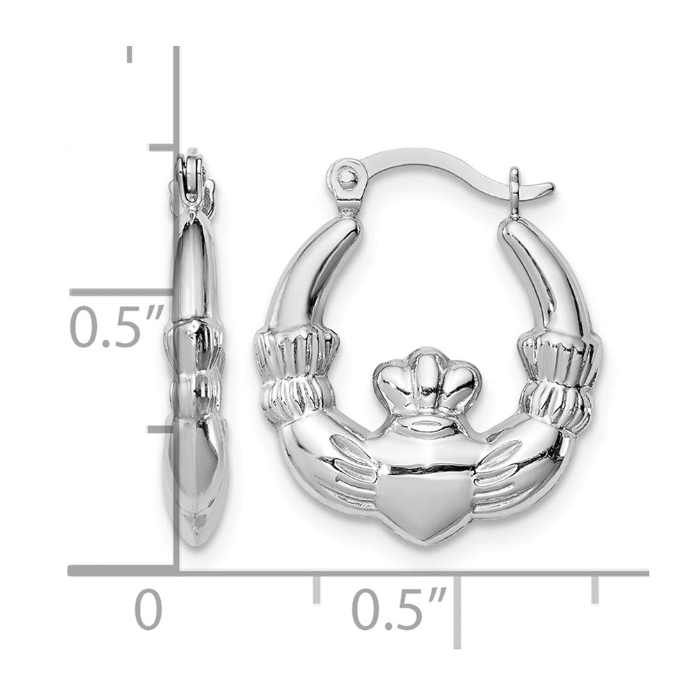 Sterling Silver Rhodium-lated Claddagh Hollow Round Hoop Earrings