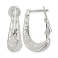 Sterling Silver Polished & Filigree Omega Back J-Hoop Earrings