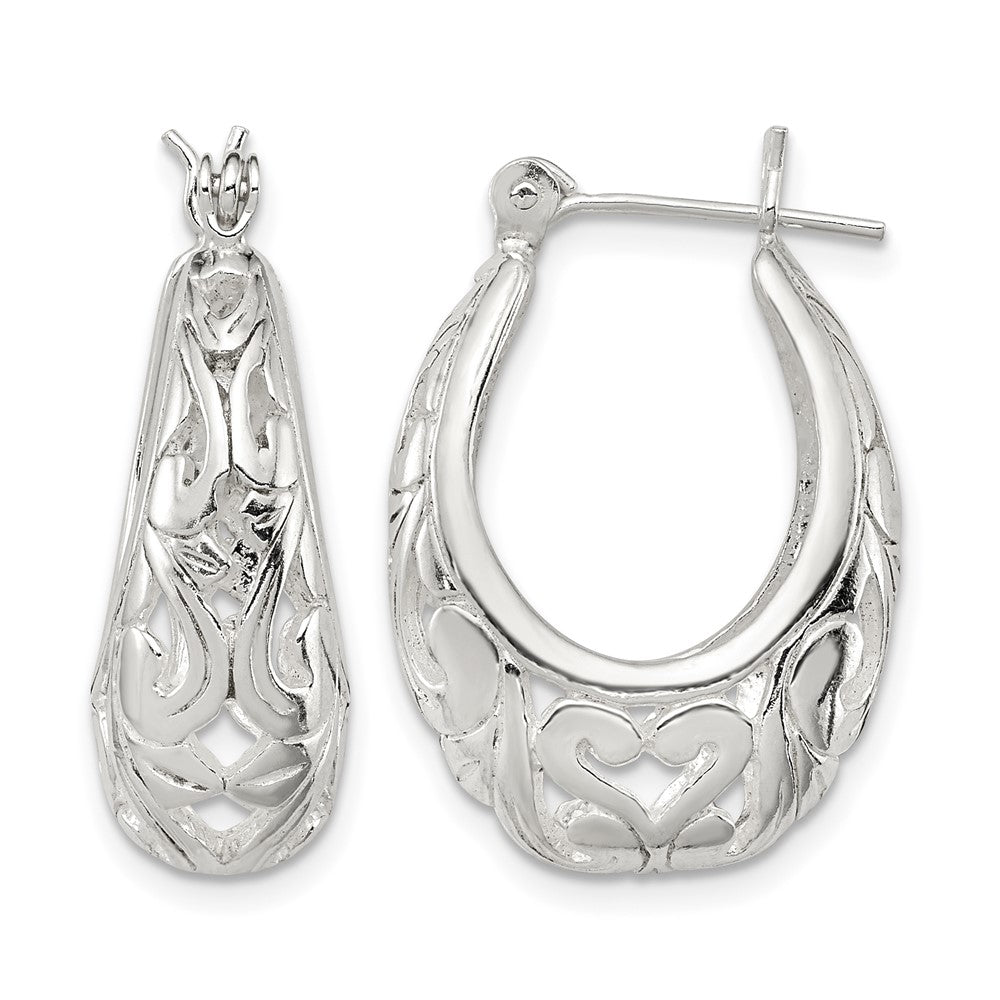 Sterling Silver Polished Filigree Oval Hoop Earrings