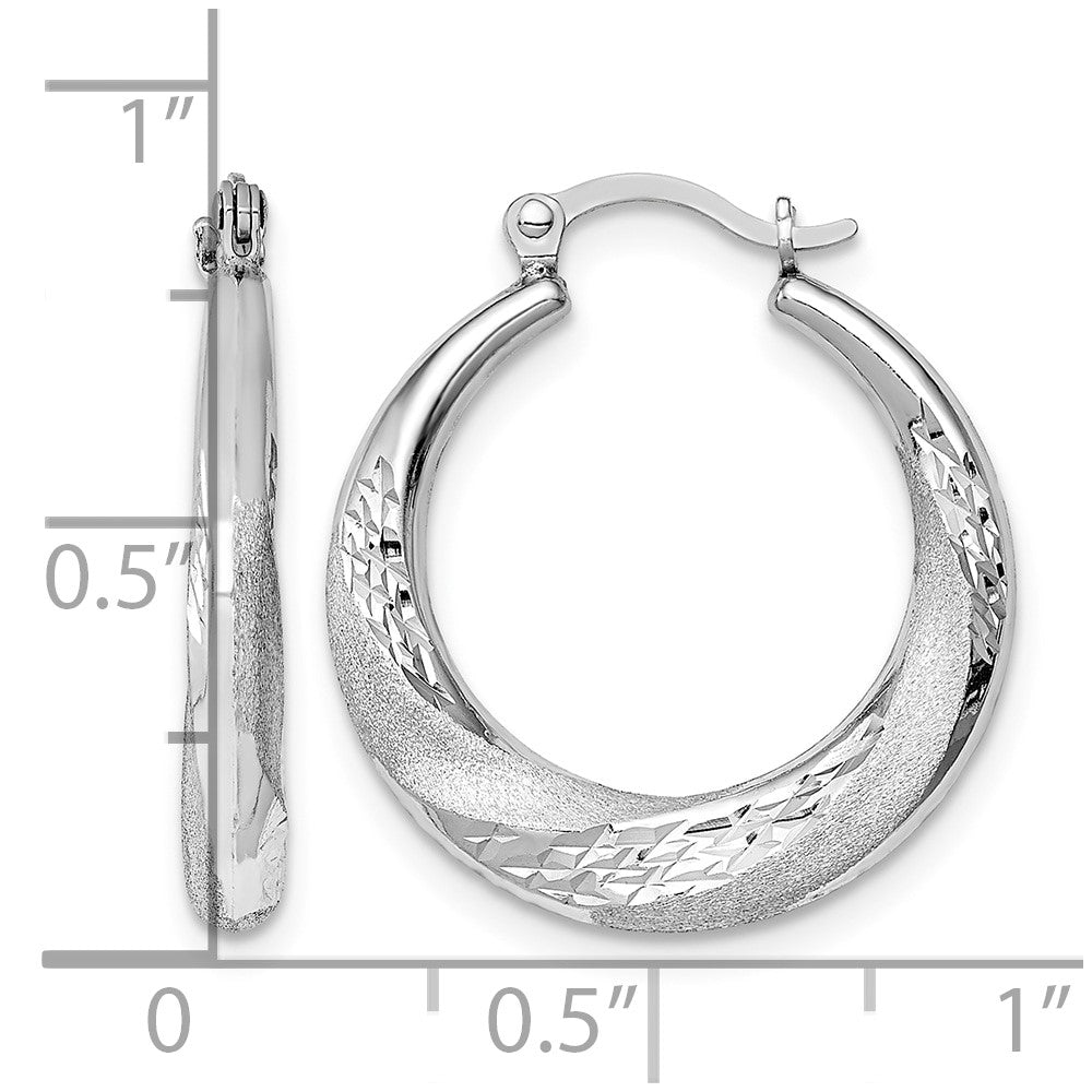 Sterling Silver RH-plated Brushed & D/C Scalloped Round Hoop Earrings