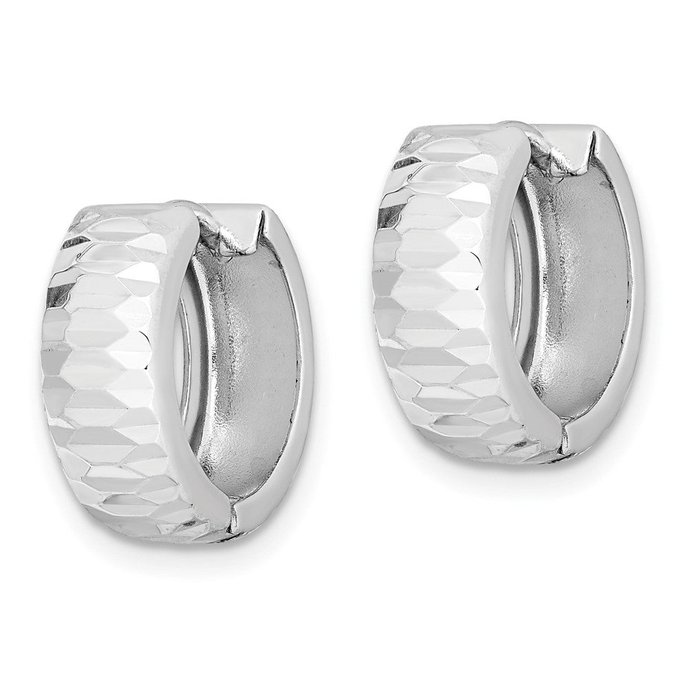 Sterling Silver Rhodium Polished Diamond Cut Hinged Hoop Earrings