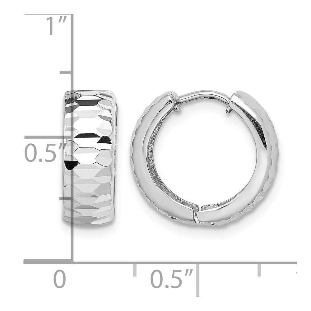 Sterling Silver Rhodium Polished Diamond Cut Hinged Hoop Earrings