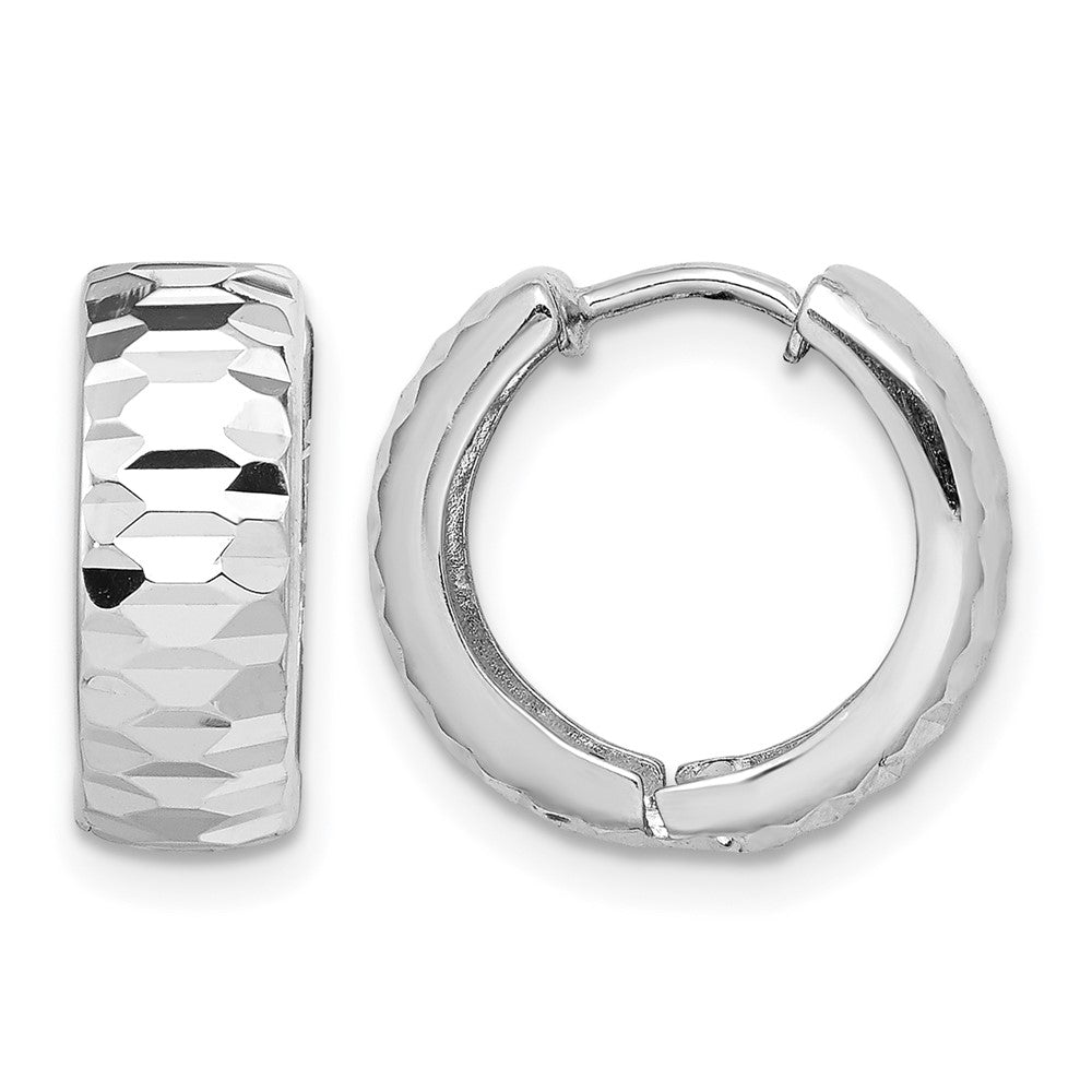 Sterling Silver Rhodium Polished Diamond Cut Hinged Hoop Earrings