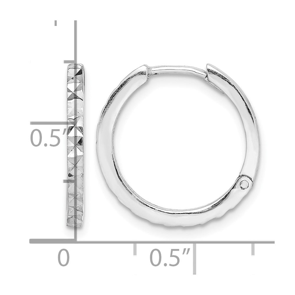 Sterling Silver Rhodium Polished Diamond Cut Hinged Hoop Earrings