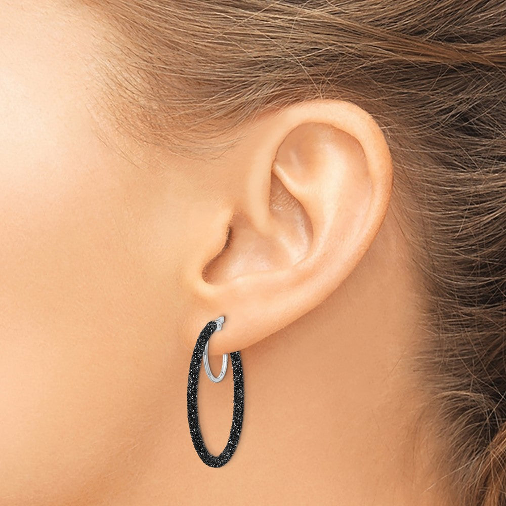 Sterling Silver Rhodium-plated Black Glitter Enamel 2x30mm Hoop Earrings