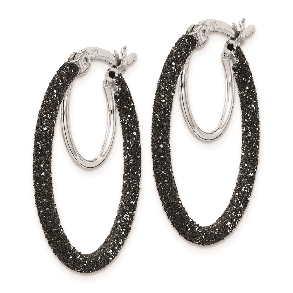Sterling Silver Rhodium-plated Black Glitter Enamel 2x25mm Hoop Earrings