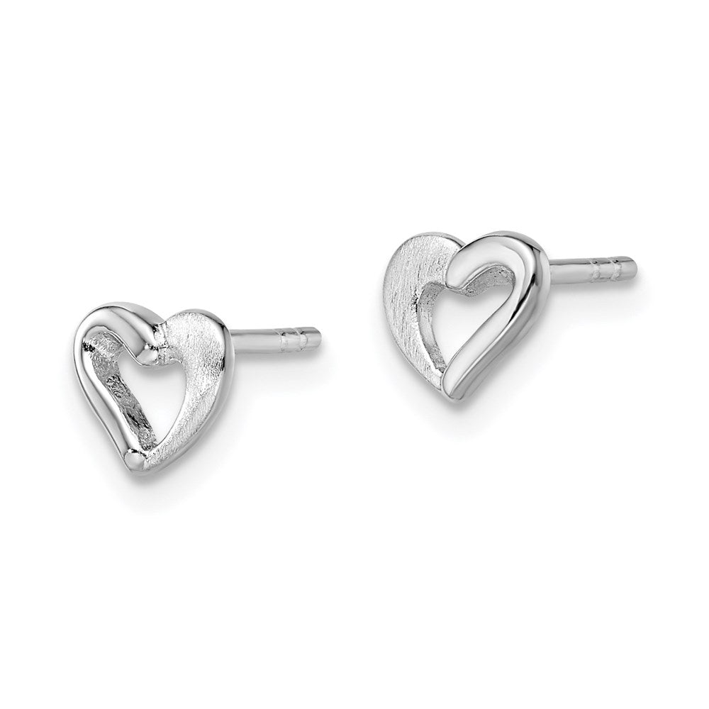 Sterling Silver RH-plated Polished & Brushed Open Heart Post Earrings