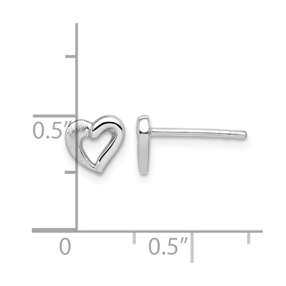 Sterling Silver RH-plated Polished & Brushed Open Heart Post Earrings