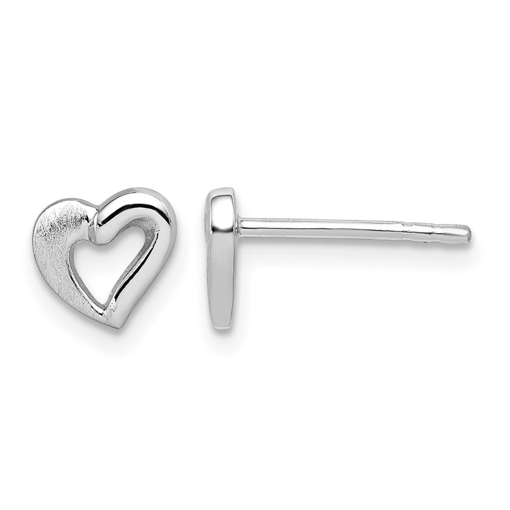 Sterling Silver RH-plated Polished & Brushed Open Heart Post Earrings