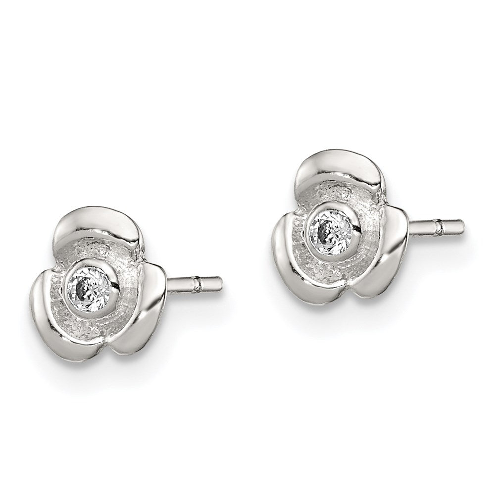 Sterling Silver Polished Flower with CZ Petite Post Earrings