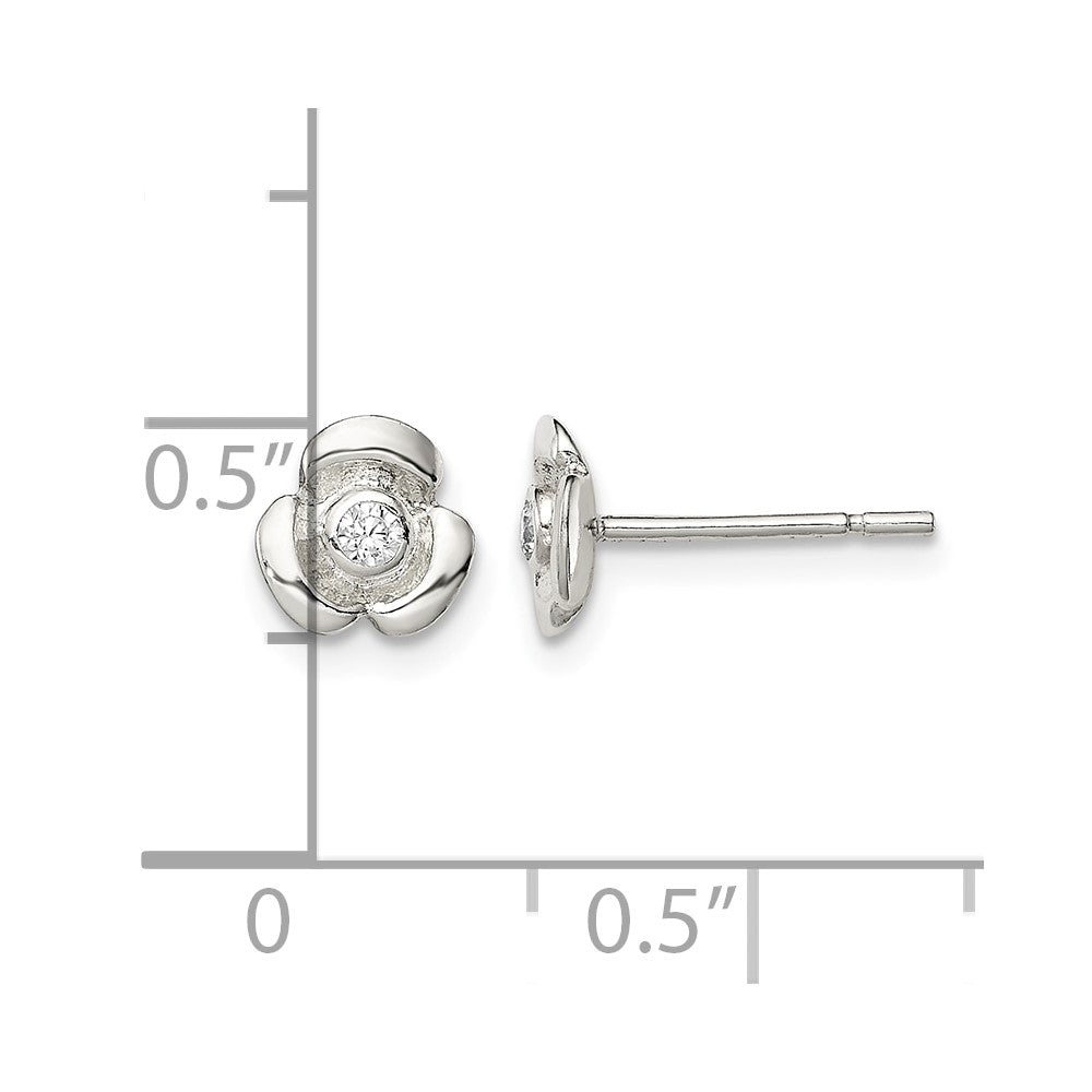 Sterling Silver Polished Flower with CZ Petite Post Earrings