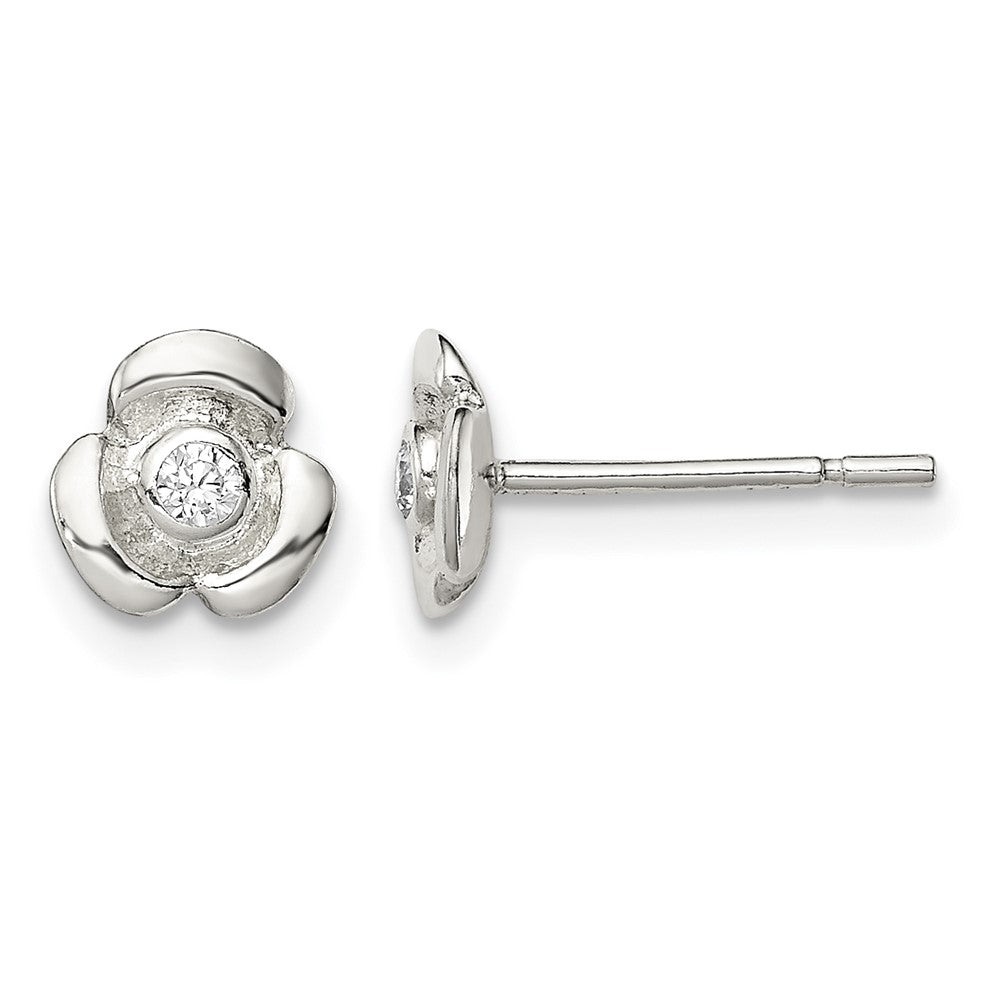 Sterling Silver Polished Flower with CZ Petite Post Earrings