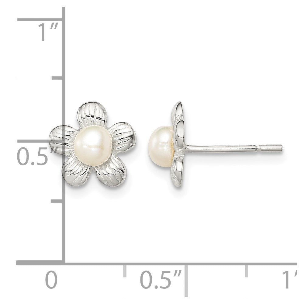 Sterling Silver Polished & Textured Imitation Pearl Flower Post Earrings