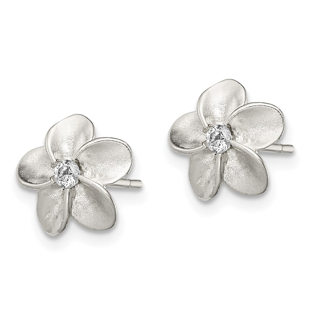 Sterling Silver Polished and Satin Flower with CZ Post Earrings