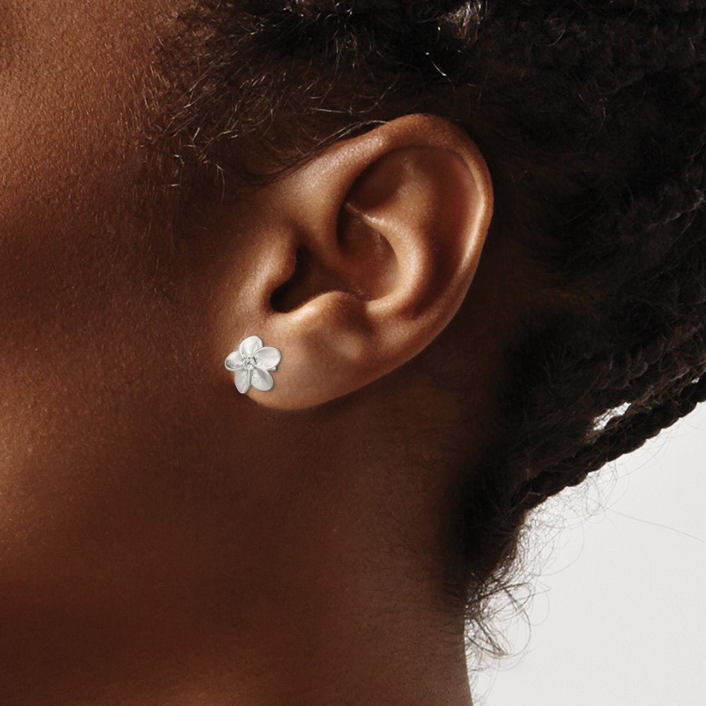 Sterling Silver Polished and Satin Flower with CZ Post Earrings