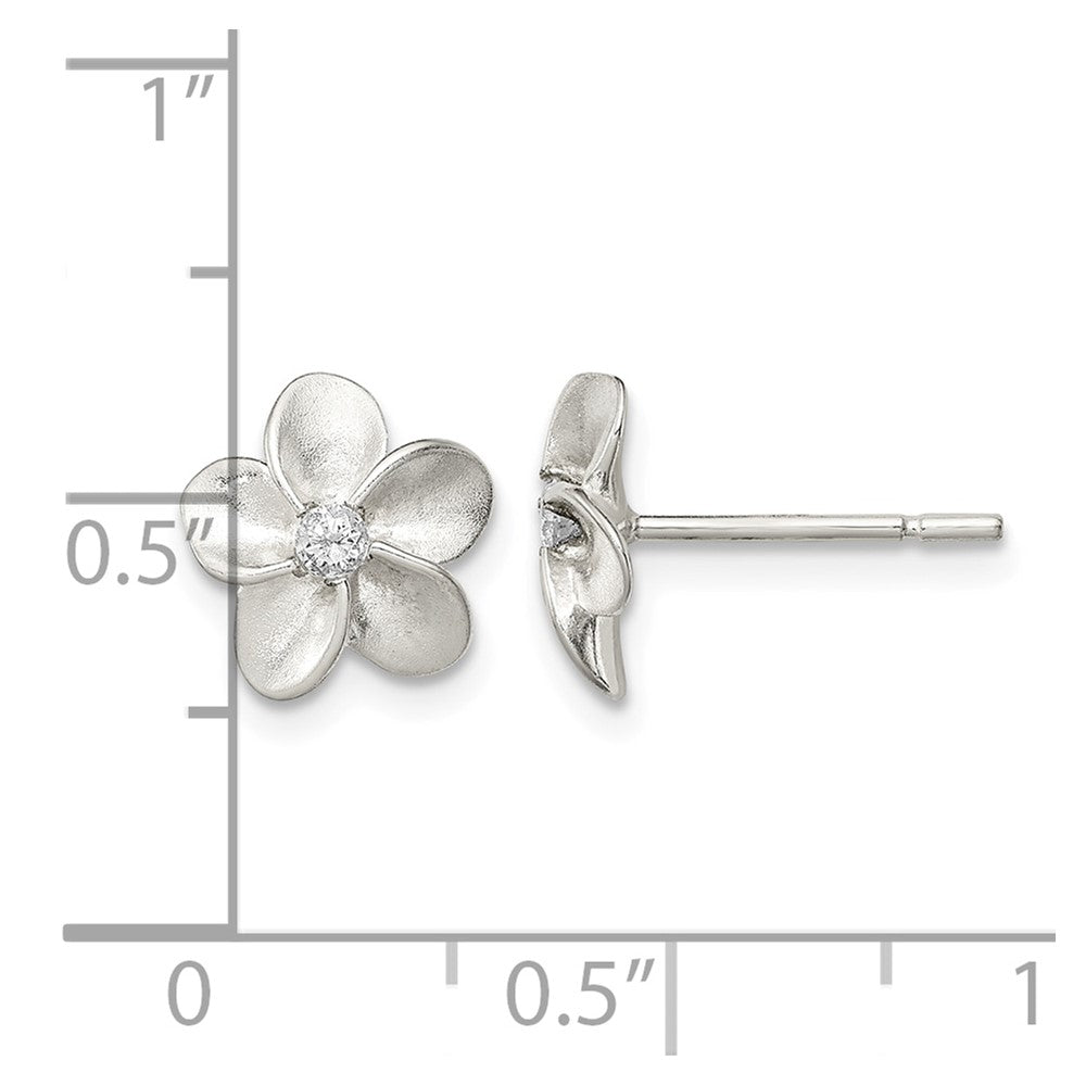 Sterling Silver Polished and Satin Flower with CZ Post Earrings