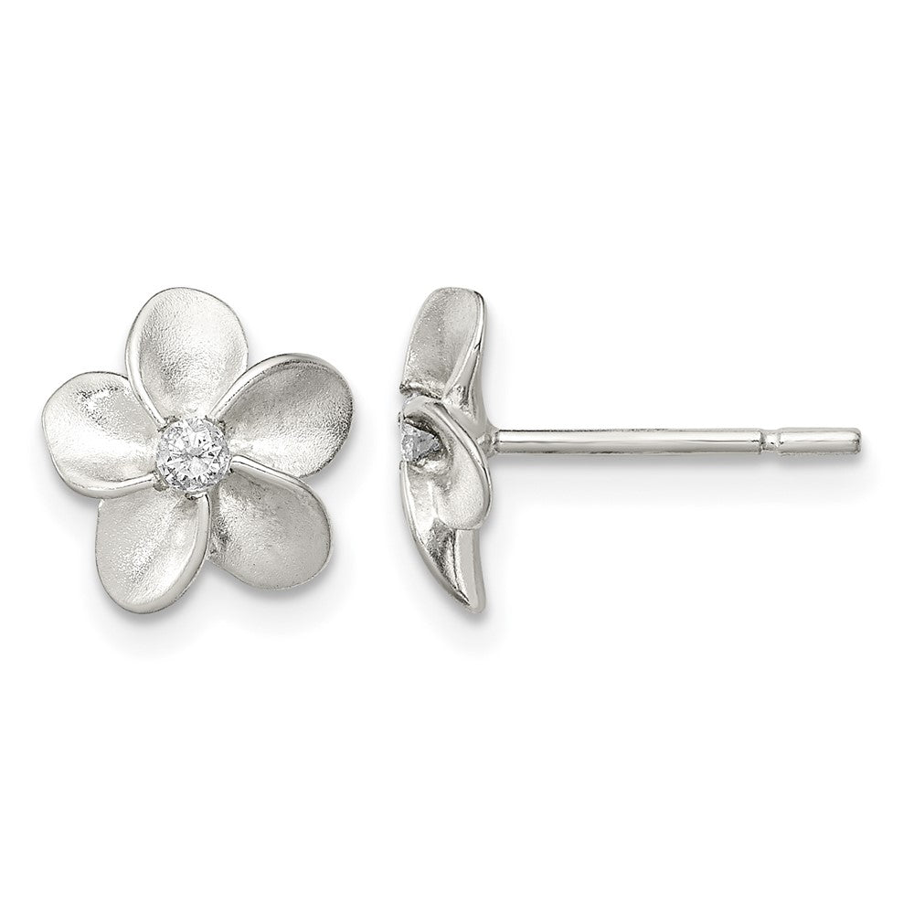 Sterling Silver Polished and Satin Flower with CZ Post Earrings