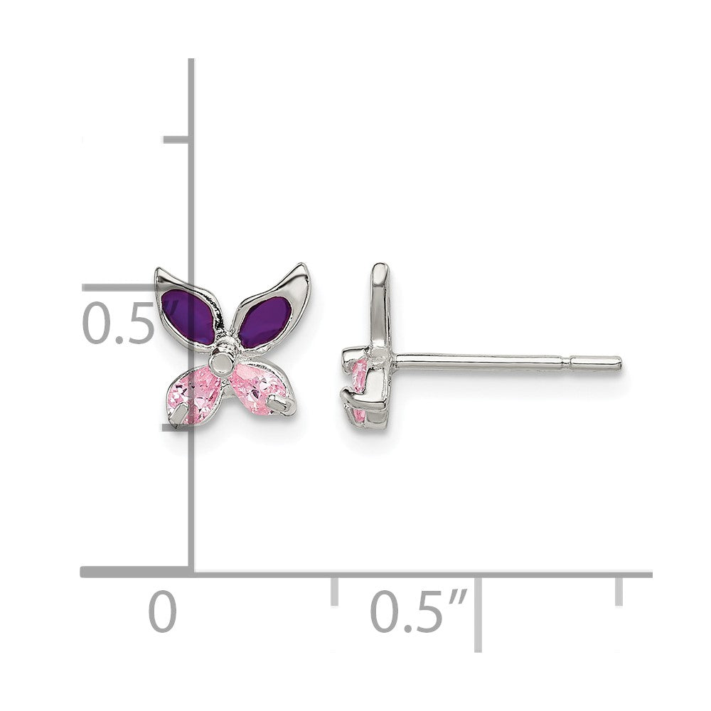 Sterling Silver Pink CZ & Purple Enamel Butterfly Post Earrings