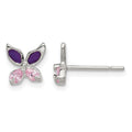 Sterling Silver Pink CZ & Purple Enamel Butterfly Post Earrings
