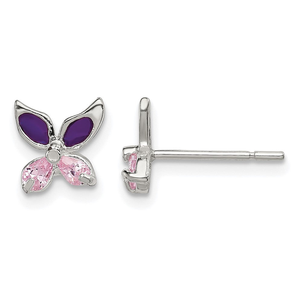 Sterling Silver Pink CZ & Purple Enamel Butterfly Post Earrings
