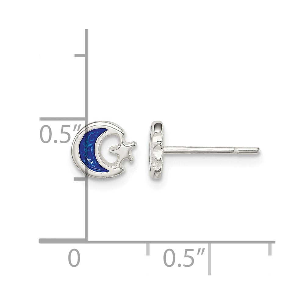 Sterling Silver Polished Blue Enamel Moon & Star Post Earrings