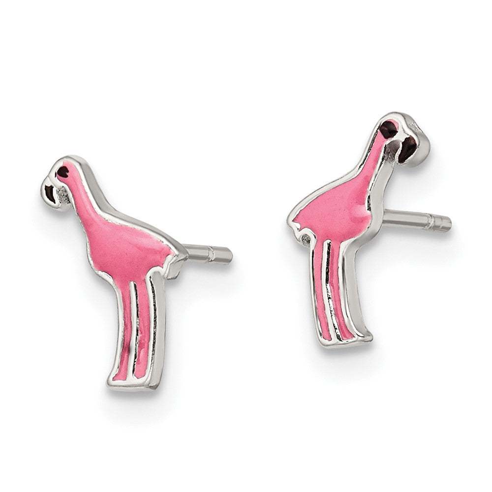 Sterling Silver Polished Enameled Black and Pink Flamingo Post Earrings