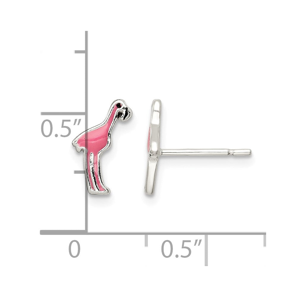 Sterling Silver Polished Enameled Black and Pink Flamingo Post Earrings