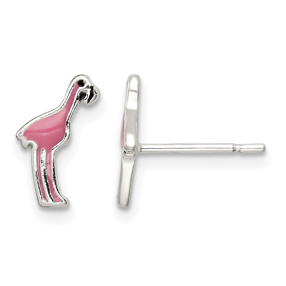 Sterling Silver Polished Enameled Black and Pink Flamingo Post Earrings