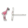 Sterling Silver Polished Enameled Black and Pink Flamingo Post Earrings