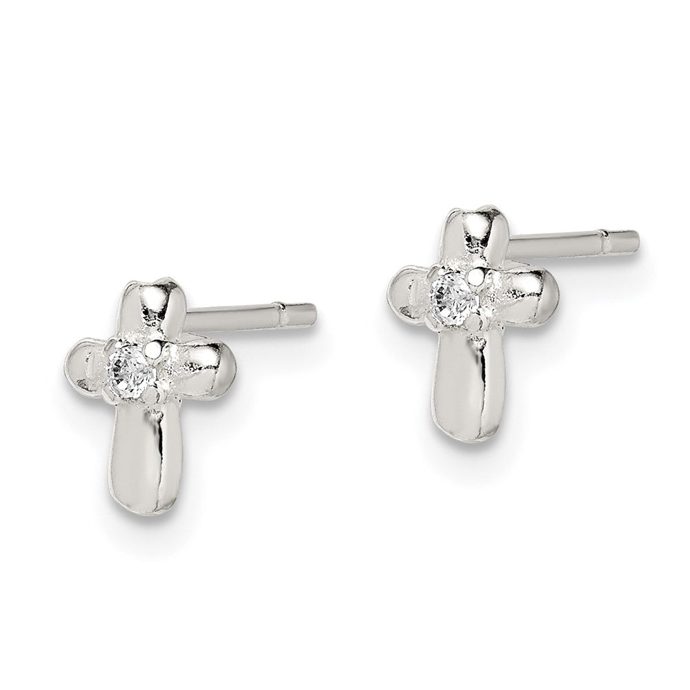 Sterling Silver Polished Cross with CZ Petite Post Earrings