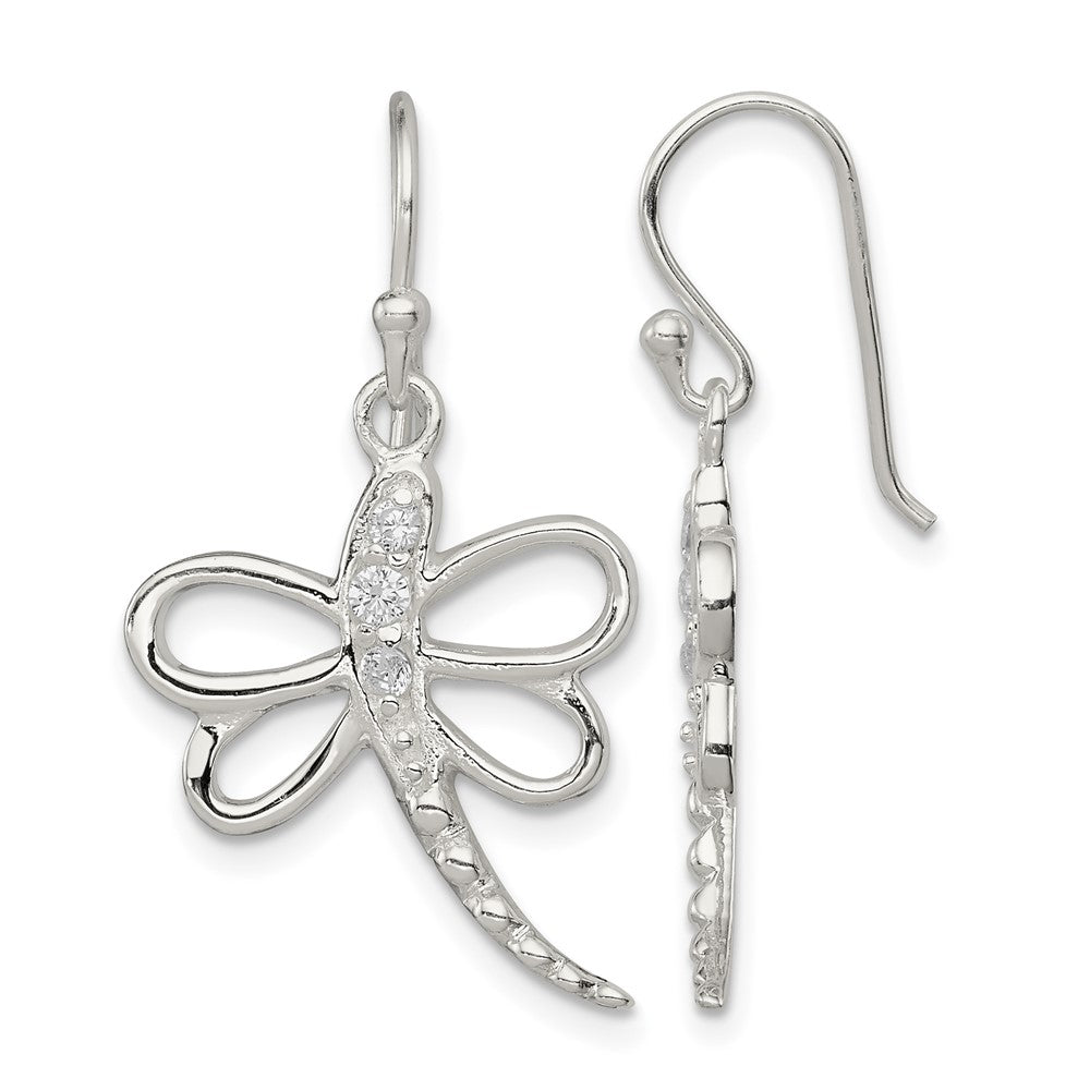 Sterling Silver CZ Dragonfly Shepherd Hook Earrings