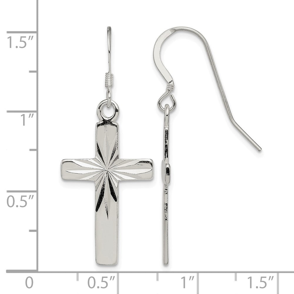 Sterling Silver Polished & Diamond-cut Latin Cross Dangle Earrings