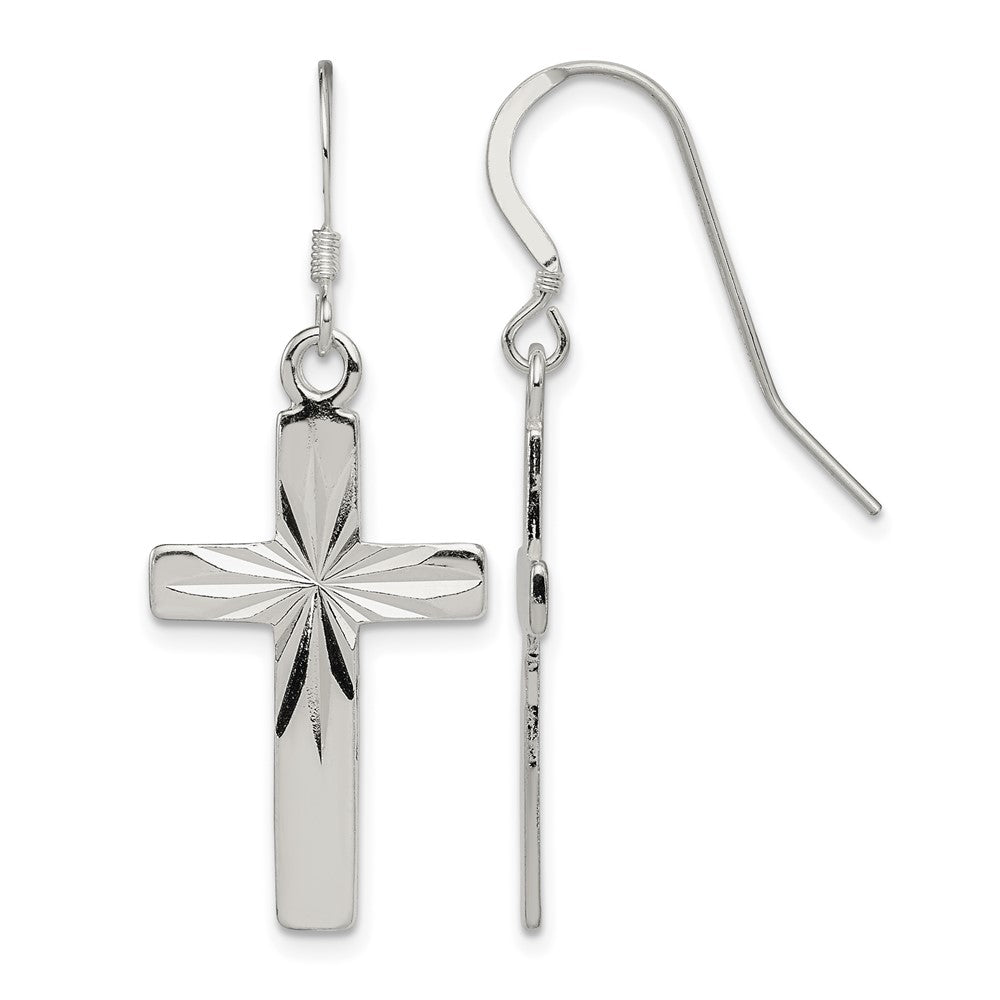 Sterling Silver Polished & Diamond-cut Latin Cross Dangle Earrings