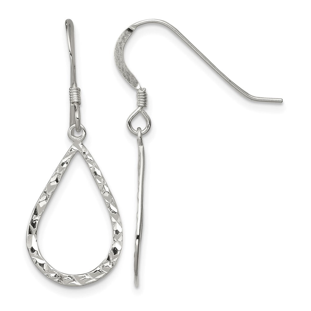 Sterling Silver Polished & D/C Teardrop Dangle Shepherd Hook Earrings