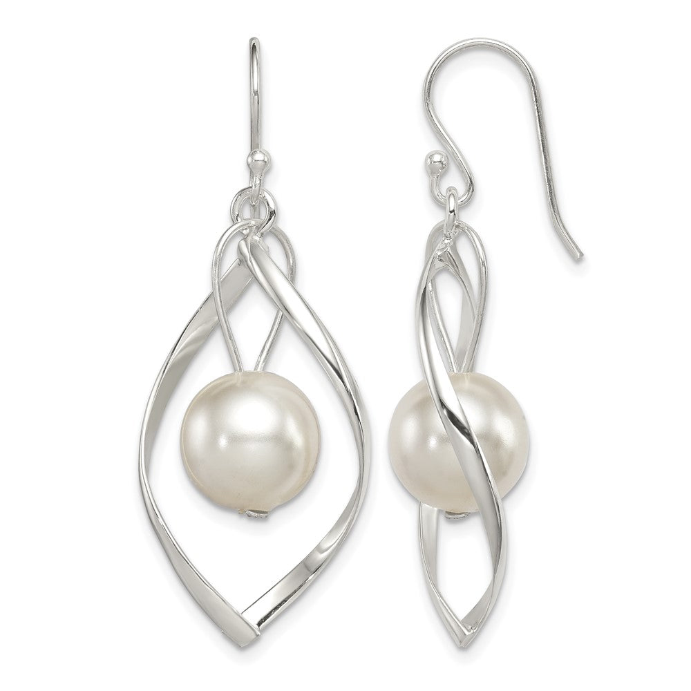 Sterling Silver Polished Simulated Pearl Twisted Dangle Earrings