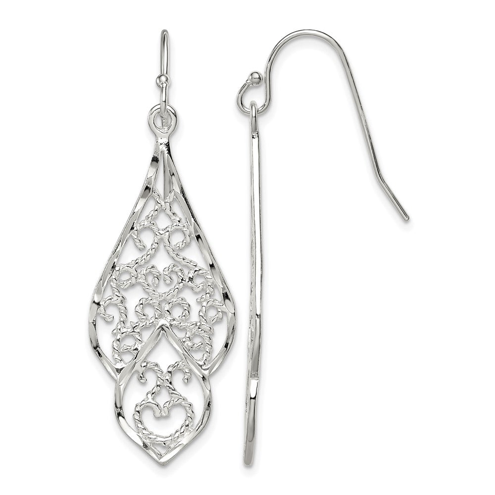Sterling Silver Polished & Diamond-cut Fancy Filigree Dangle Earrings