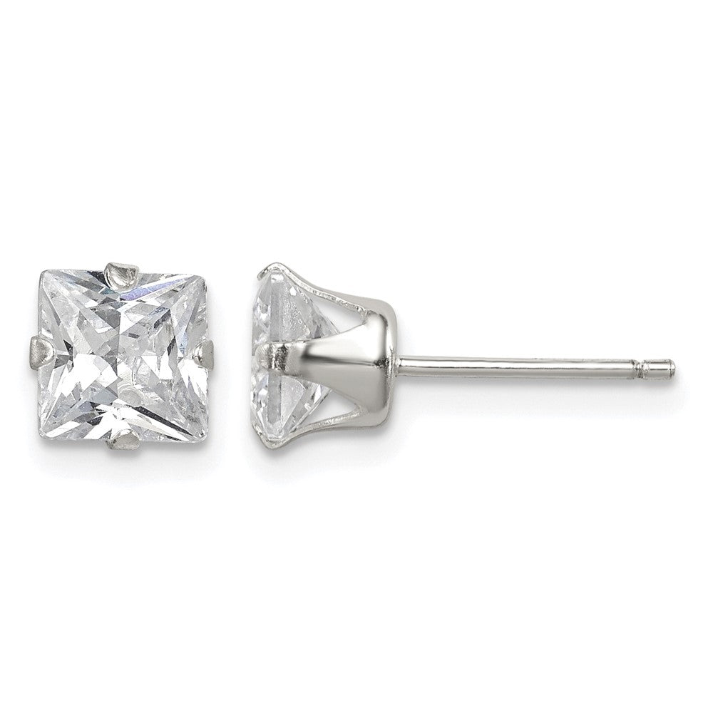 Sterling Silver Polished Princess 6mm CZ Snap Set Stud Earrings