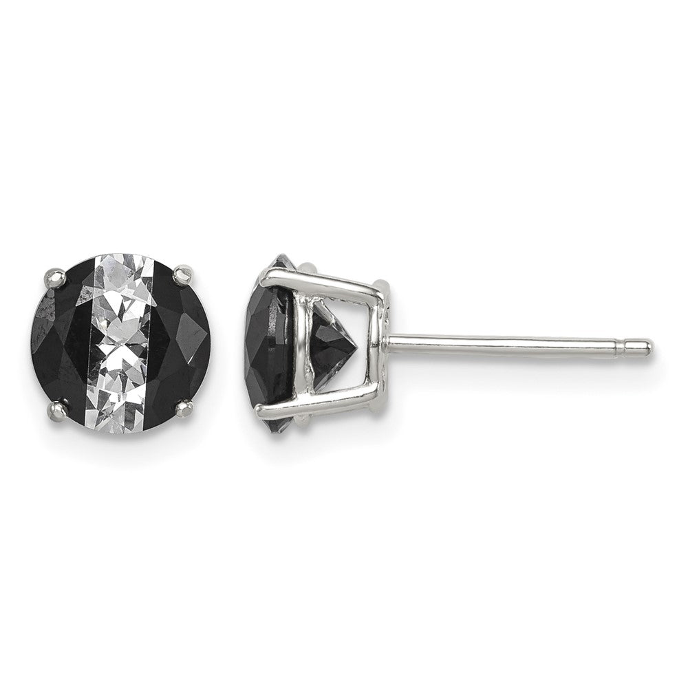 Sterling Silver RH-pltd Black/White 7mm Round CZ Basket Set Stud Earrings