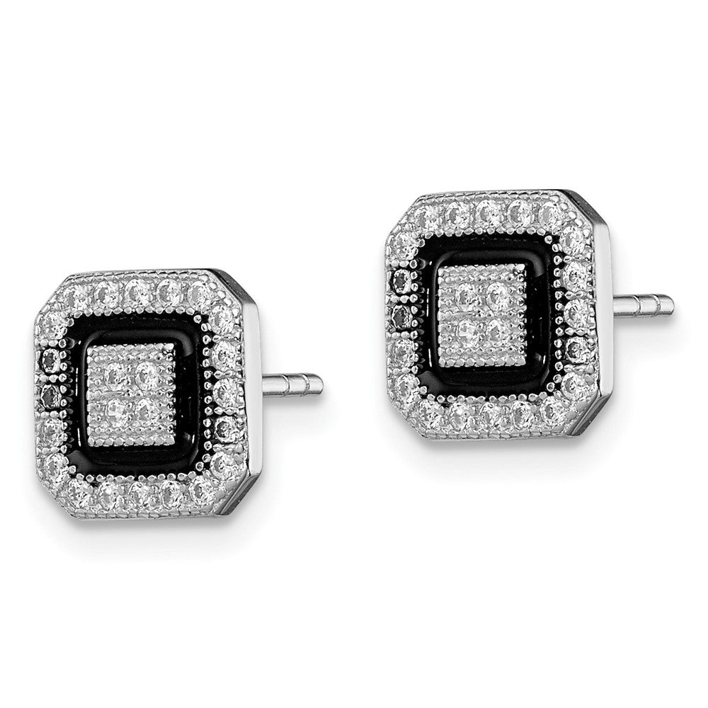 Sterling Silver RH-plated Black Enamel & Pavé CZ Square Halo Post Earrings
