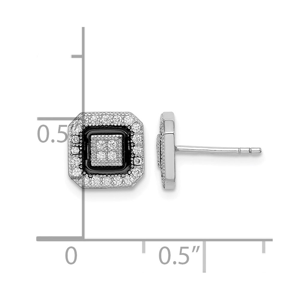 Sterling Silver RH-plated Black Enamel & Pavé CZ Square Halo Post Earrings